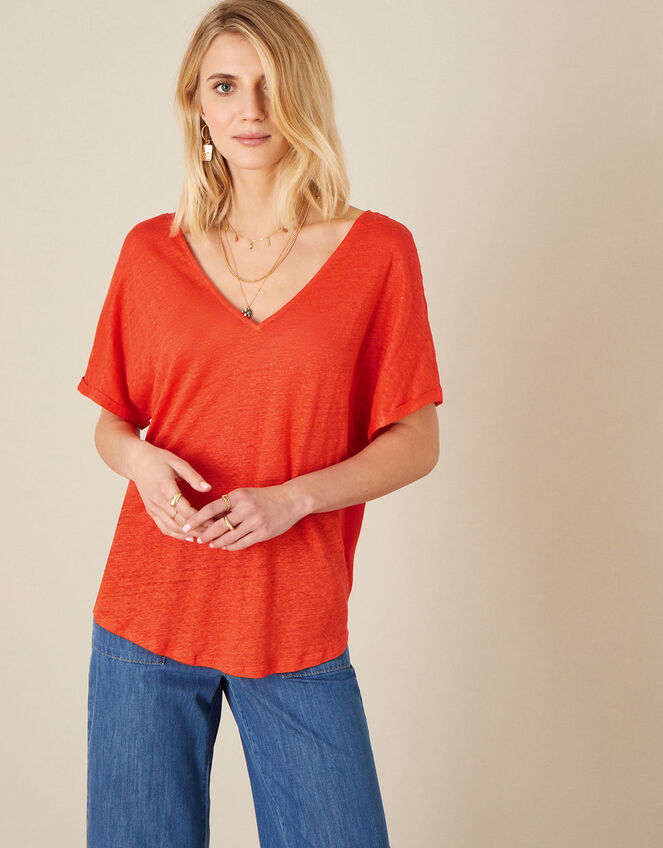 Camilla T-Shirt in Linen Blend, Orange (CORAL), large