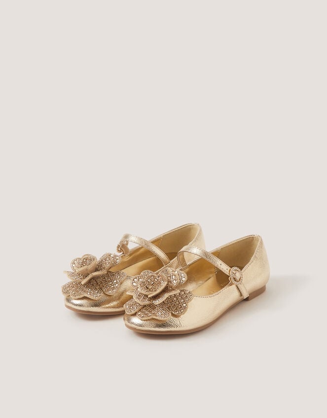Rhinestone Flower Mary Jane Ballet Flats, Gold (GOLD), large
