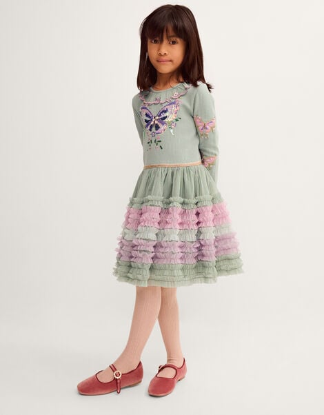 Sequin Butterfly Ruffle Disco Dress, Green (GREEN), large