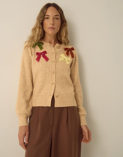 Mila Bow Embellished Crew Neck Cardigan, Natural (NATURAL), large