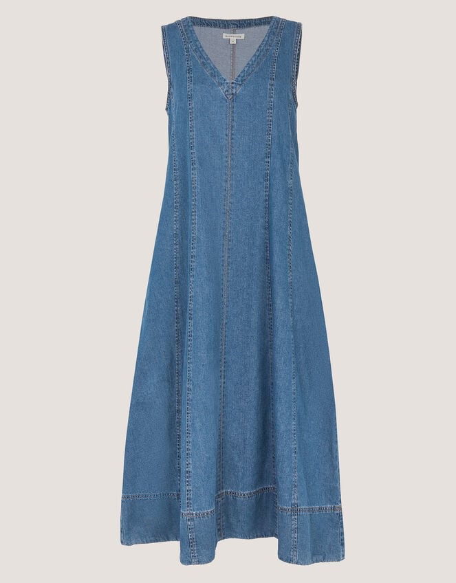 Tessa Sleeveless Denim Midi Dress, Blue (MID AUTHENTIC BLUE), large