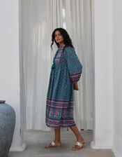 Dilli Grey Priya Block Print Midi Dress, Teal (TEAL), large