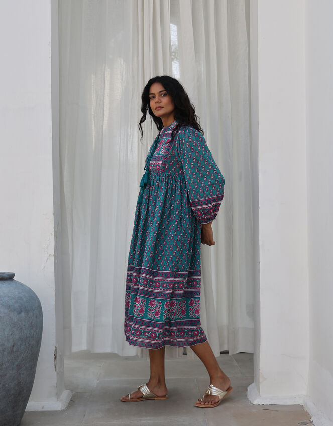 Dilli Grey Priya Block Print Midi Dress, Teal (TEAL), large