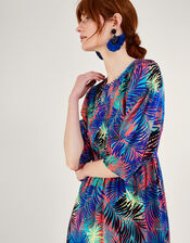 Palm Printed ¾ Sleeve Shirred Dress in LENZING™ ECOVERO™, Blue (BLUE), large