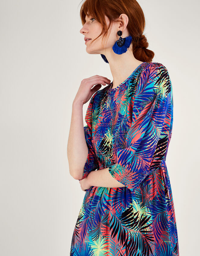 Palm Printed ¾ Sleeve Shirred Dress in LENZING™ ECOVERO™, Blue (BLUE), large