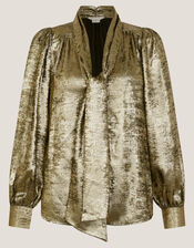 Milena Metallic Tie Neck Blouse, Gold (GOLD), large