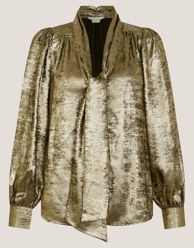 Milena Metallic Tie Neck Blouse, Gold (GOLD), large