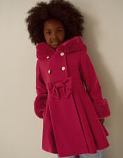 Faux Fur Hood Bow Coat, Red (BURGUNDY), large