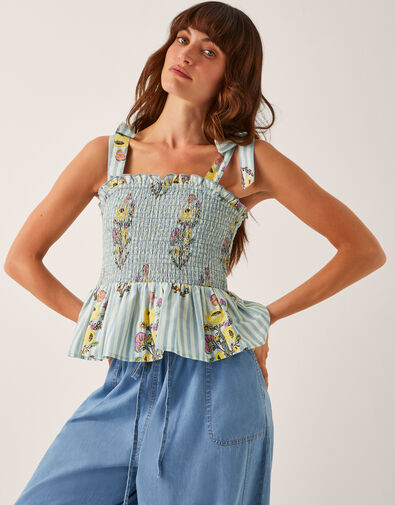 Lucille Floral Stripe Smocked Top, Blue (BLUE), large