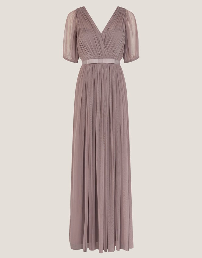 Ellie Sheer Sleeve Plunge Tulle Maxi Dress, Mink (MINK), large