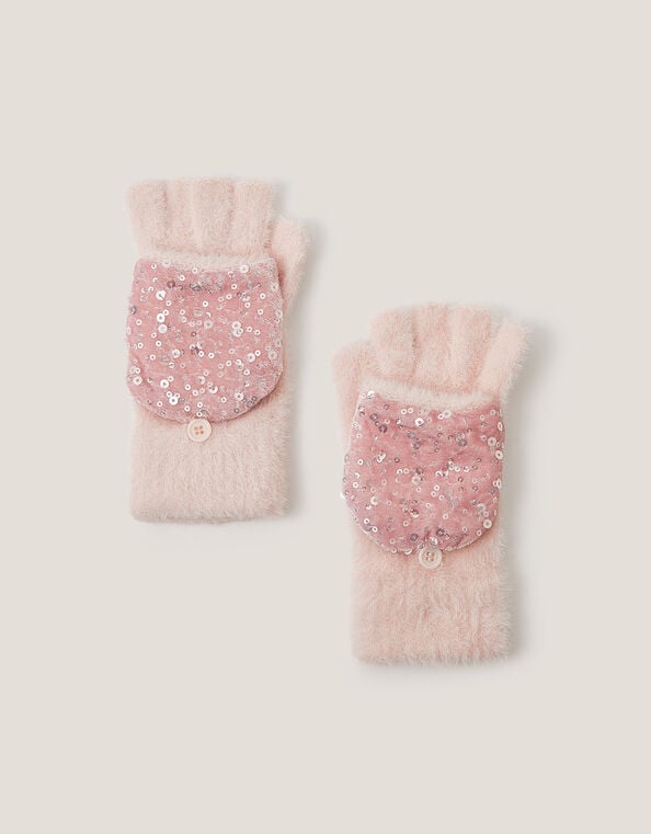 Fuzzy Sequin Capped Gloves, Pink (PINK), large