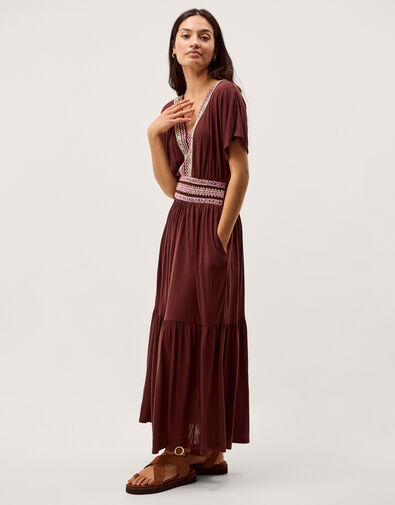 Jacqueline Embroidered Jersey Midi Dress, Brown (BROWN), large