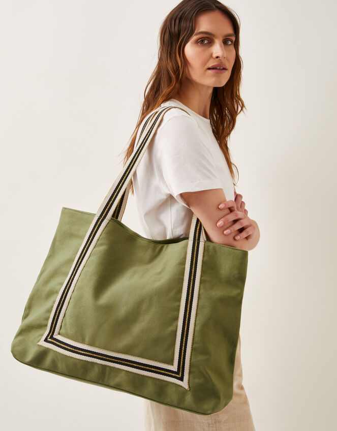 Nia Stripe Strap Tote Bag, Green (KHAKI), large
