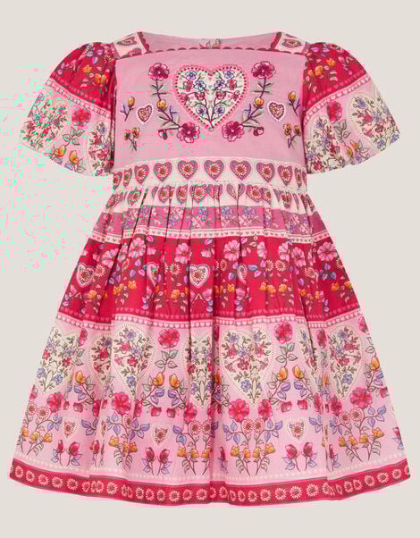 Baby Heart Embroidered Floral Print Dress, Pink (PINK), large