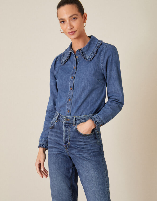 Frill Collar Denim Shirt, Blue (DENIM BLUE), large