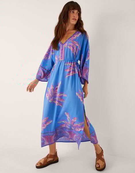 Pamela Palm Print Kaftan Dress, Blue (BLUE), large