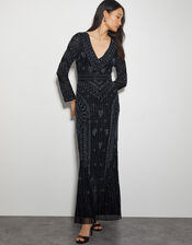 Lorelai Beaded Long Sleeve Maxi Dress, Black (BLACK), large