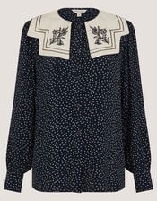 Ivy Embroidered Collar Polka Dot Blouse, Blue (NAVY), large