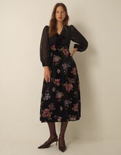 Abril V-Neck Floral Devor&eacute; Velvet Midi Dress , Black (BLACK), large