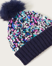 Izzy Sequin Beanie Hat, Blue (NAVY), large