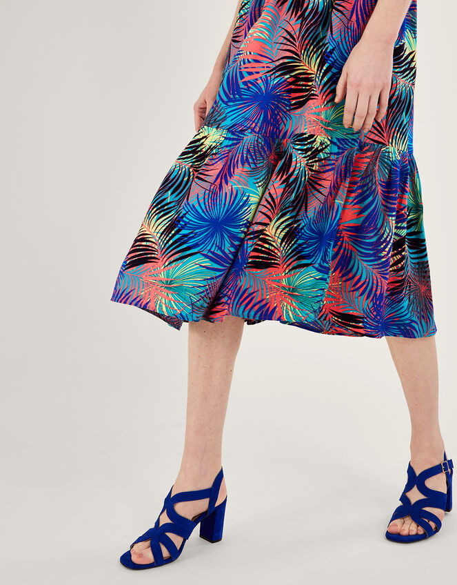 Palm Printed ¾ Sleeve Shirred Dress in LENZING™ ECOVERO™, Blue (BLUE), large