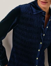 Sam Smocked Stretch Velvet Shirt, Blue (MIDNIGHT), large