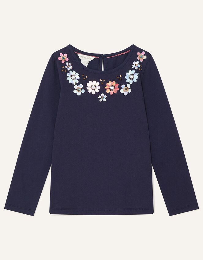 Gem Flower Neckline Top, Blue (NAVY), large