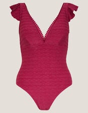 Kaylie Plunge Rib Ruffle Swimsuit, Red (BURGUNDY), large