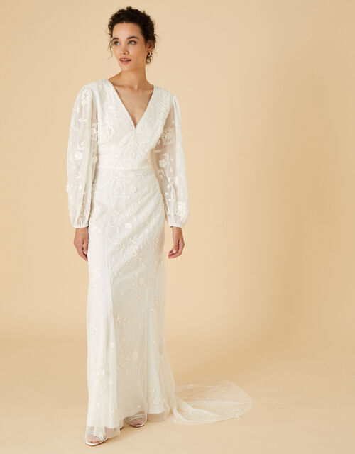 Long Sleeve Bridal Maxi Dress, Ivory (IVORY), large