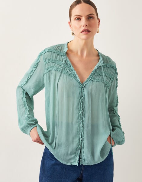 Juliet Sheer Texture Ruffle Blouse, SEA GREEN, large