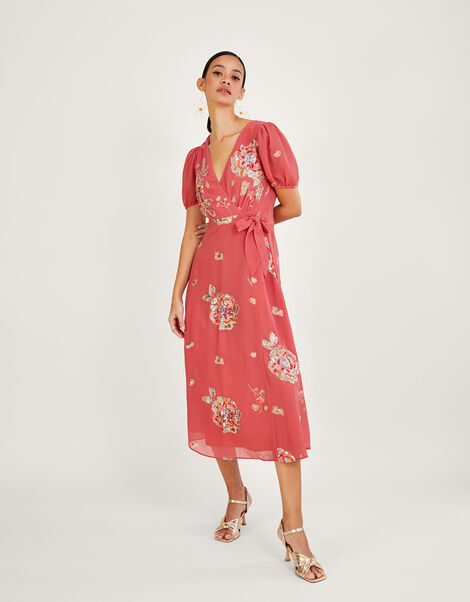 Kira Embellished Wrap Dress in Recycled Polyester, Pink (PINK), large