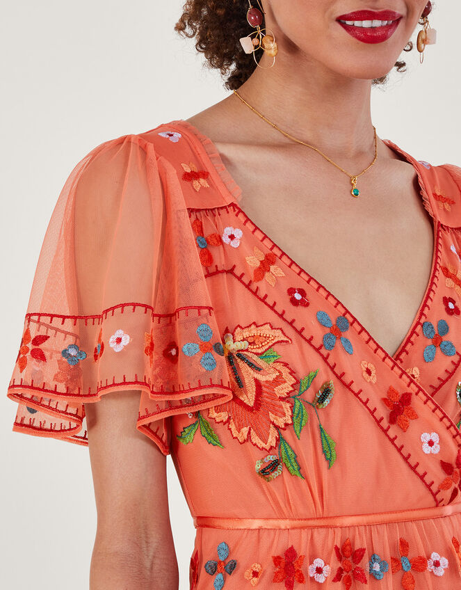 Ana Embroidered Tiered Dress in Recycled Polyester, Orange (ORANGE), large