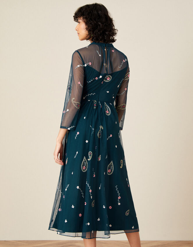 Cleo Paisley Print Embroidered Midi Dress, Teal (TEAL), large