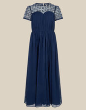 Keira Beaded Short Sleeve Prom Dress, Blue (NAVY), large