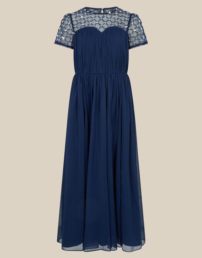 Keira Beaded Short Sleeve Prom Dress, Blue (NAVY), large