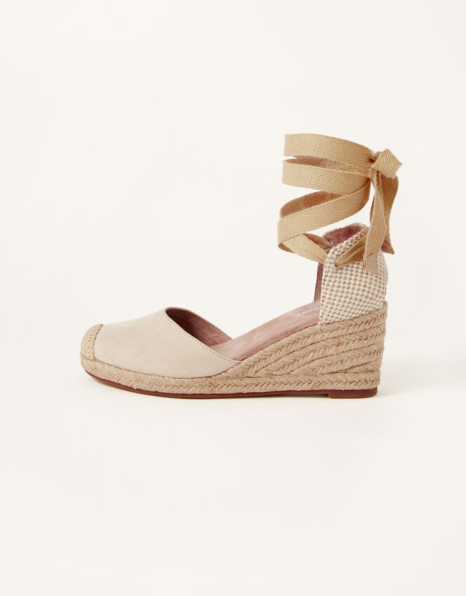 Talia Tie Suede Espadrille Wedges, Nude (NUDE), large