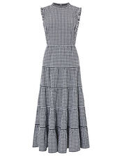 Gingham Tiered Midi Dress in Organic Cotton, Black (BLACK), large