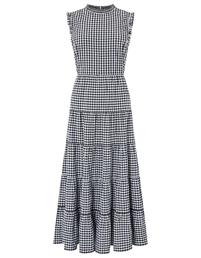 Gingham Tiered Midi Dress in Organic Cotton, Black (BLACK), large