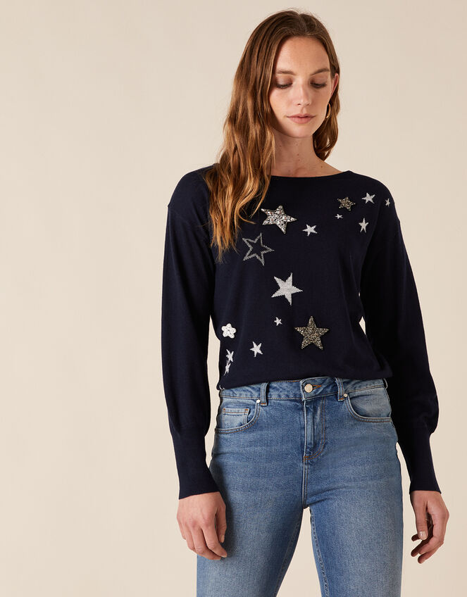 Sparkle Star Knit Jumper with Recycled Fabric, Blue (NAVY), large