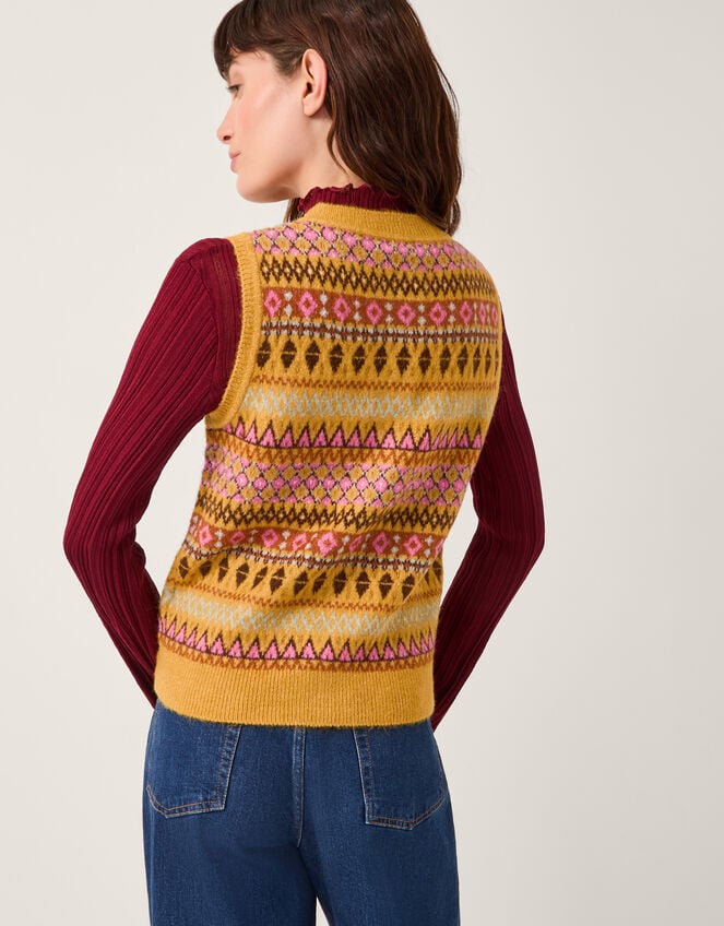 Fleur Fair Isle Button Knitted Vest, Yellow (OCHRE), large