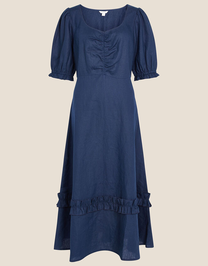 Frill Trim Dress in Pure Linen, Blue (NAVY), large