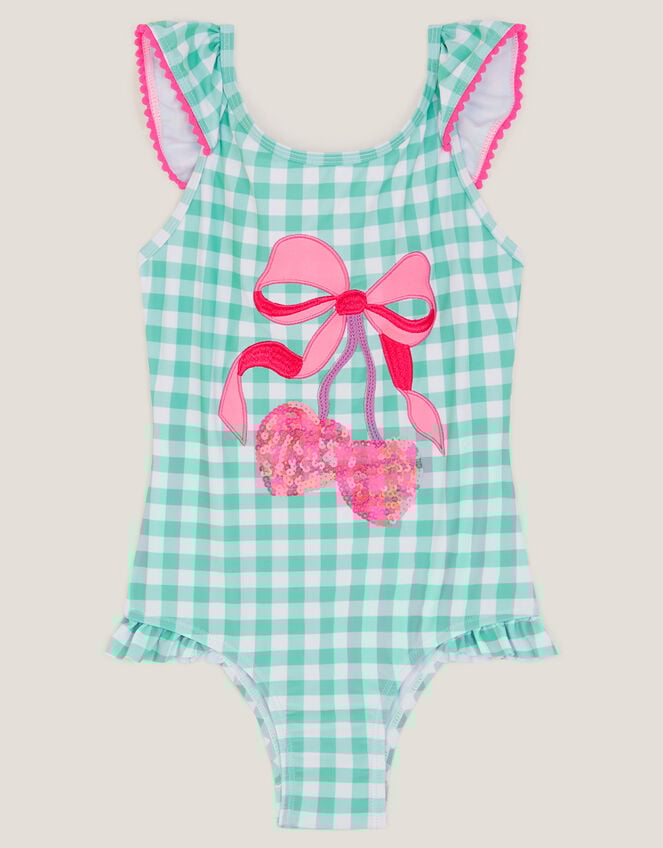 Sequin Cherry Gingham Swimsuit, Green (GREEN), large