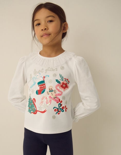 Embellished Christmas Long Sleeve Top, Ivory (IVORY), large