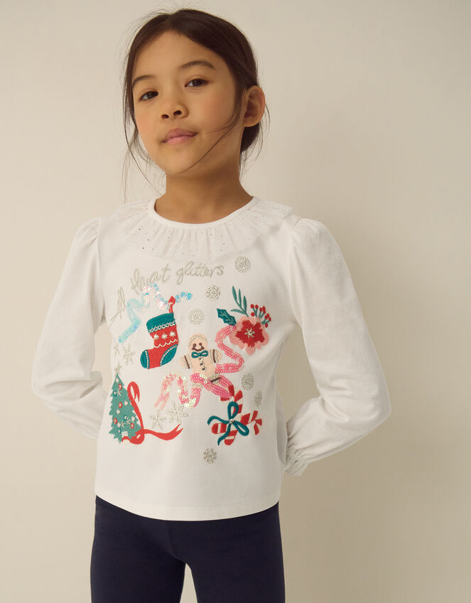 Embellished Christmas Long Sleeve Top, Ivory (IVORY), large