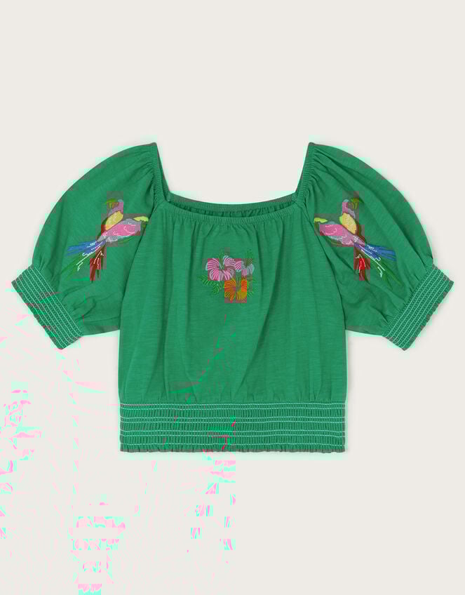 Embroidered Parrot Puff Sleeve Top, Green (GREEN), large