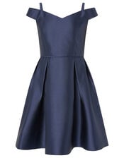 Duchess Twill Bardot Prom Dress, Blue (NAVY), large
