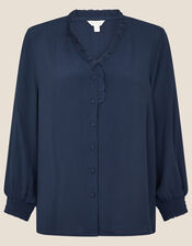 Frill Neck Button Blouse, Blue (NAVY), large