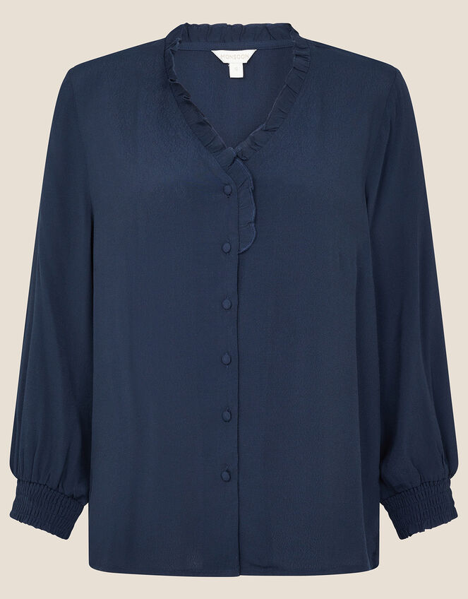 Frill Neck Button Blouse, Blue (NAVY), large