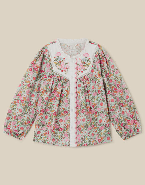 Floral Print Scallop Cotton Blouse, Green (GREEN), large