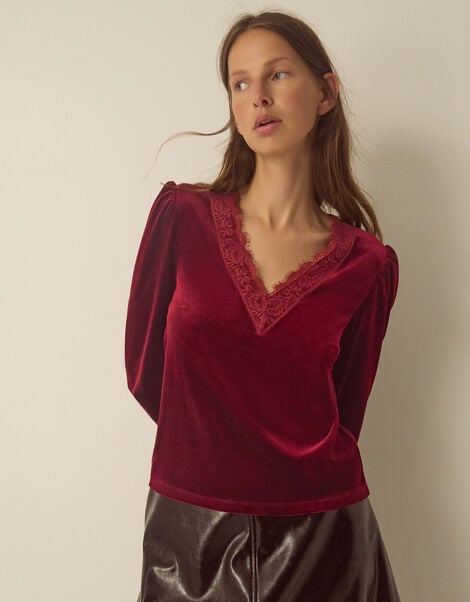 Lexi Lace Trim Velvet Top, Red (BURGUNDY), large